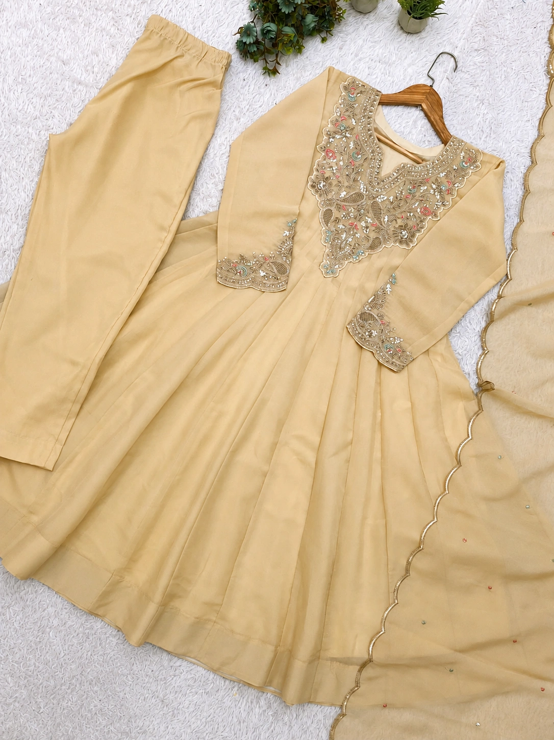 Champagne Beige Cording with Sequence Embroidered Gown, Pant with Dupatta Set